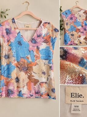 Elie Tahari Floral Sequin V-Neck Shell Top - Blue & Pink 💙💜